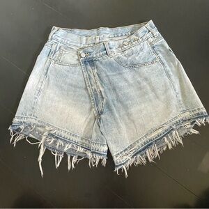 R13 crossover denim shorts, size 28